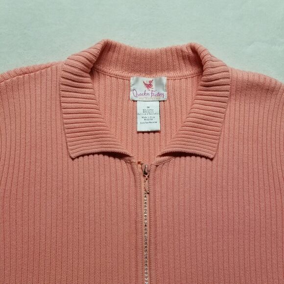 Quacker Factory 1X Cardigan Sweater Full Zip Jeweled Rib Knit Classic Coral Pink - Picture 4 of 9